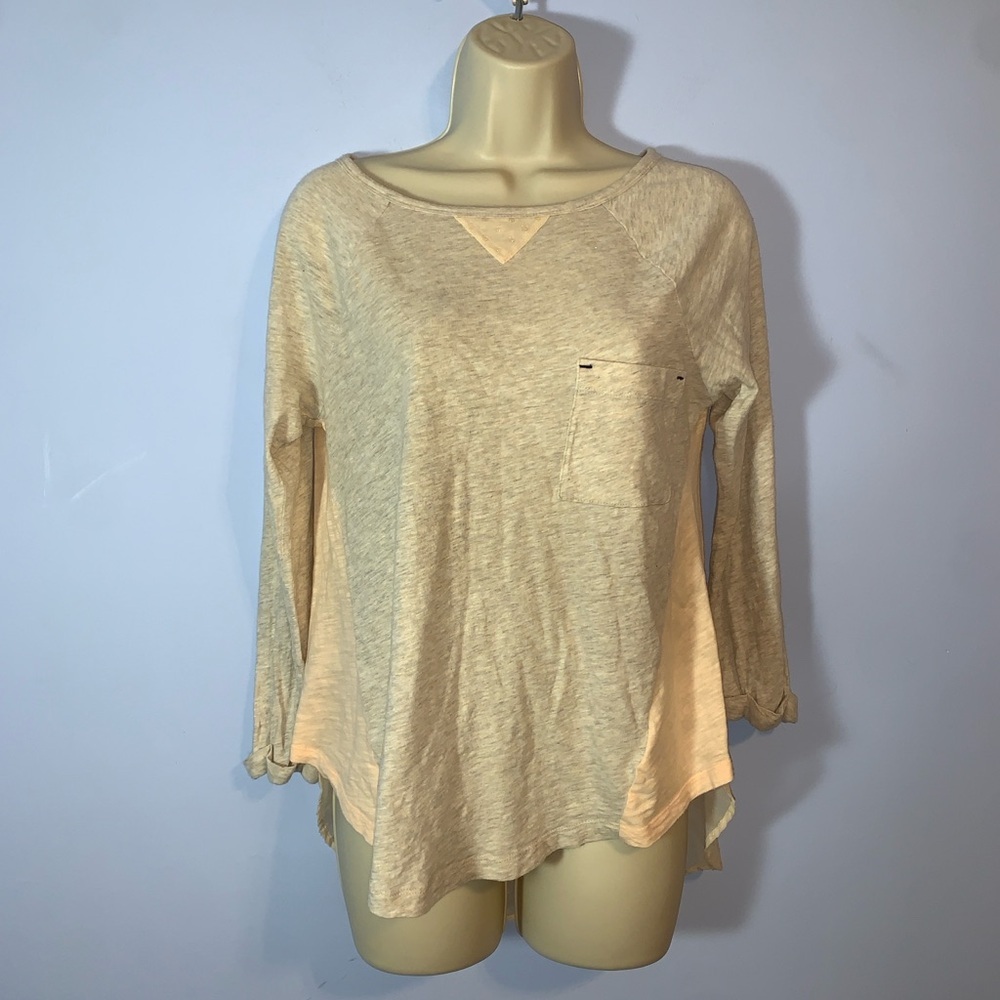 Little yellow button Anthro peach gray Women's Long Sleeve Top high low XS Swiss